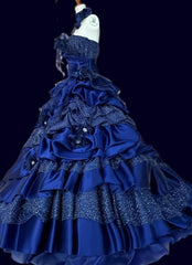 Vintage A-Line Strapless Satin Tulle Long Ball Dress Klein Blue 3D Applique Evening Dress  ED01591