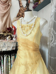 Vintage Yellow A-Line Boat Neck Tulle Long Prom Dress Simple Embroidery Applique Evening Dress  ED01592