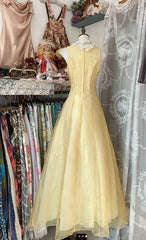 Vintage Yellow A-Line Boat Neck Tulle Long Prom Dress Simple Embroidery Applique Evening Dress  ED01592