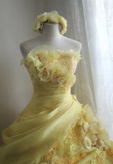 Sweet Yellow A-Line Strapless Organza Wedding Dress with Appliques and Rhinestones Long Ball Gown ED01595