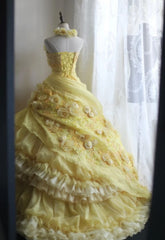 Sweet Yellow A-Line Strapless Organza Wedding Dress with Appliques and Rhinestones Long Ball Gown ED01595
