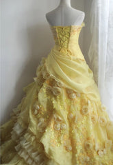Sweet Yellow A-Line Strapless Organza Wedding Dress with Appliques and Rhinestones Long Ball Gown ED01595