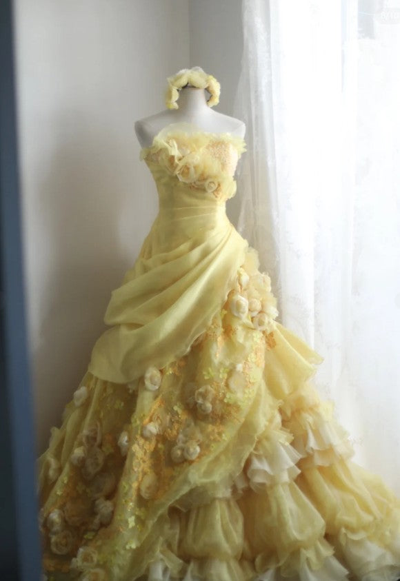 Sweet Yellow A-Line Strapless Organza Wedding Dress with Appliques and Rhinestones Long Ball Gown ED01595