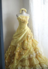 Sweet Yellow A-Line Strapless Organza Wedding Dress with Appliques and Rhinestones Long Ball Gown ED01595