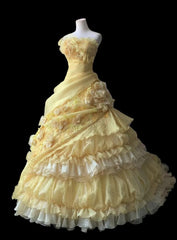 Sweet Yellow A-Line Strapless Organza Wedding Dress with Appliques and Rhinestones Long Ball Gown ED01595
