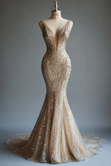 Champagne Mermaid Deep V Neck Tulle Sequin Beaded Long Prom Dress Sexy Evening Dress ED01597