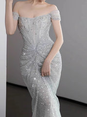 Mermaid Gown💍 Off The Shoulder Tulle Sequins Long Prom Dress for Formal Events &Quinceanera ED01599