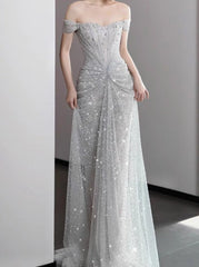 Mermaid Gown💍 Off The Shoulder Tulle Sequins Long Prom Dress for Formal Events &Quinceanera ED01599