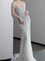 Mermaid Gown💍 Off The Shoulder Tulle Sequins Long Prom Dress for Formal Events &Quinceanera ED01599