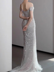 Mermaid Gown💍 Off The Shoulder Tulle Sequins Long Prom Dress for Formal Events &Quinceanera ED01599