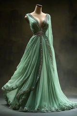 Aesthetic A-Line V Neckline Green Tulle  Long Prom Dress Sweet Beaded Evening Dress ED01600
