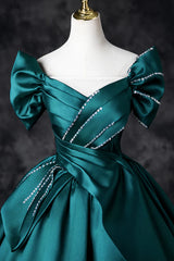 Teal A-Line Off the Shoulder Satin Long Prom Dress, Elegant Evening Dress ED01603