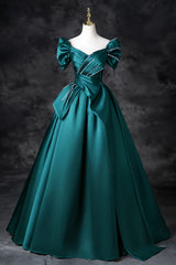 Teal A-Line Off the Shoulder Satin Long Prom Dress, Elegant Evening Dress ED01603