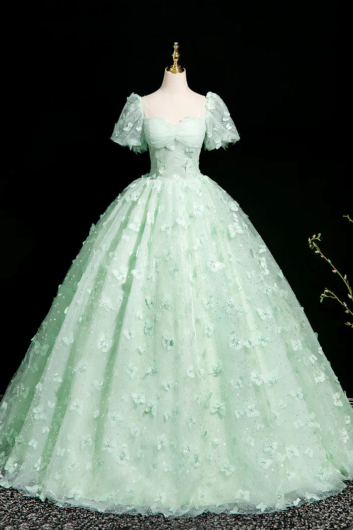 Green A-Line Tulle Beaded Sequin Long Prom Dress, Beautiful 3D Butterfly Evening Dress ED01605
