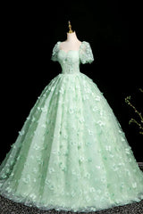 Green A-Line Tulle Beaded Sequin Long Prom Dress, Beautiful 3D Butterfly Evening Dress ED01605