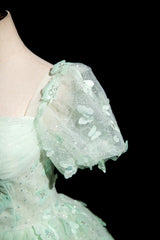 Green A-Line Tulle Beaded Sequin Long Prom Dress, Beautiful 3D Butterfly Evening Dress ED01605
