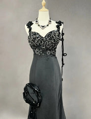 Elegant Black Mermaid Satin Beaded Sequin Long Prom Dress, Sweetheart Neck Evening Dress ED01606