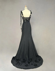 Elegant Black Mermaid Satin Beaded Sequin Long Prom Dress, Sweetheart Neck Evening Dress ED01606