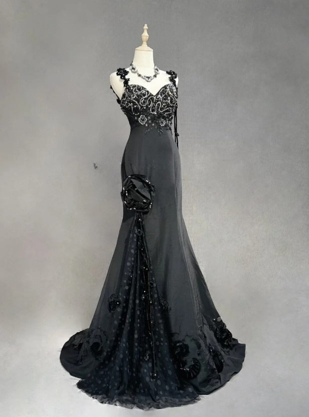 Elegant Black Mermaid Satin Beaded Sequin Long Prom Dress, Sweetheart Neck Evening Dress ED01606
