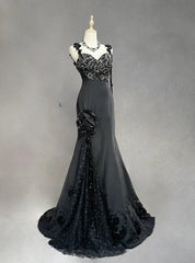 Elegant Black Mermaid Satin Beaded Sequin Long Prom Dress, Sweetheart Neck Evening Dress ED01606