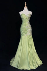 Vintage Green Mermaid Spaghetti Strap Satin Beaded Sequin Long Prom Dress Sweetheart Neck Evening Dress ED01607