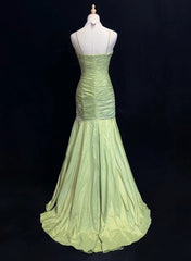 Vintage Green Mermaid Spaghetti Strap Satin Beaded Sequin Long Prom Dress Sweetheart Neck Evening Dress ED01607