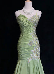 Vintage Green Mermaid Spaghetti Strap Satin Beaded Sequin Long Prom Dress Sweetheart Neck Evening Dress ED01607