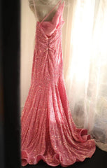 Sweet Pink Mermaid One Shoulder Sequined Pleated Long Prom Dress Backless Evening Dress ED01608