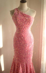 Sweet Pink Mermaid One Shoulder Sequined Pleated Long Prom Dress Backless Evening Dress ED01608