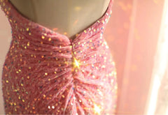 Sweet Pink Mermaid One Shoulder Sequined Pleated Long Prom Dress Backless Evening Dress ED01608