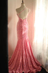 Sweet Pink Mermaid One Shoulder Sequined Pleated Long Prom Dress Backless Evening Dress ED01608