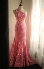 Sweet Pink Mermaid One Shoulder Sequined Pleated Long Prom Dress Backless Evening Dress ED01608