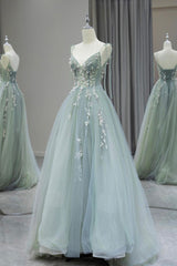 A-Line V Neck Tulle Beaded Applique Long Prom Dress, Spaghetti Strap Formal Evening Dress ED01611