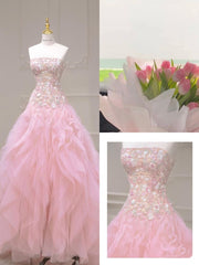 Pink Mermaid Strapless Tulle Sequined Long Prom Dress, Sweet Embroidered Applique Wedding Dress ED01612