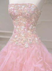 Pink Mermaid Strapless Tulle Sequined Long Prom Dress, Sweet Embroidered Applique Wedding Dress ED01612