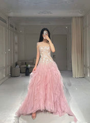 Pink Mermaid Strapless Tulle Sequined Long Prom Dress, Sweet Embroidered Applique Wedding Dress ED01612