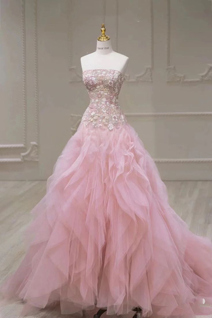 Pink Mermaid Strapless Tulle Sequined Long Prom Dress, Sweet Embroidered Applique Wedding Dress ED01612