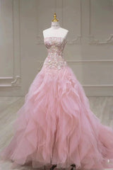 Pink Mermaid Strapless Tulle Sequined Long Prom Dress, Sweet Embroidered Applique Wedding Dress ED01612