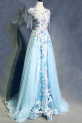 Modest Sky Blue A-Line Tulle Beading Embroidery Appliques Long Prom Dress Pageant Gown ED01613