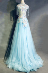 Modest Sky Blue A-Line Tulle Beading Embroidery Appliques Long Prom Dress Pageant Gown ED01613