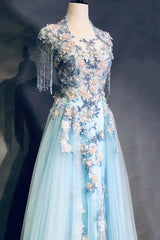 Modest Sky Blue A-Line Tulle Beading Embroidery Appliques Long Prom Dress Pageant Gown ED01613