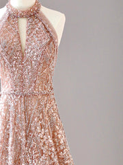 A-Line Halter Neck Sequined Tulle Long Prom Dress, Formal Evening Dress ED01614