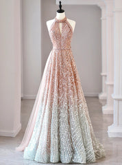 A-Line Halter Neck Sequined Tulle Long Prom Dress, Formal Evening Dress ED01614