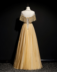 Gold A-Line Tulle Beading Sequins Long Prom Dress Lotus Leaf Sleeve Evening Dress ED01615