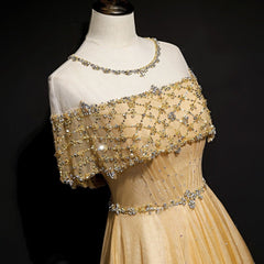 Gold A-Line Tulle Beading Sequins Long Prom Dress Lotus Leaf Sleeve Evening Dress ED01615