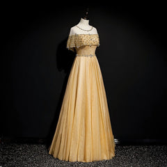 Gold A-Line Tulle Beading Sequins Long Prom Dress Lotus Leaf Sleeve Evening Dress ED01615