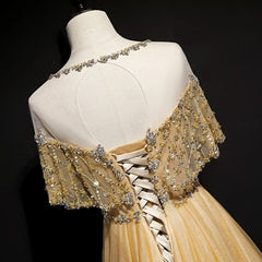 Gold A-Line Tulle Beading Sequins Long Prom Dress Lotus Leaf Sleeve Evening Dress ED01615