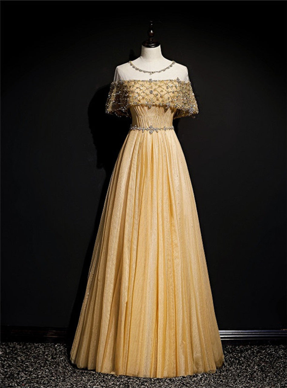 Gold A-Line Tulle Beading Sequins Long Prom Dress Lotus Leaf Sleeve Evening Dress ED01615