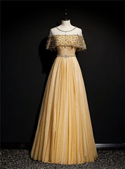 Gold A-Line Tulle Beading Sequins Long Prom Dress Lotus Leaf Sleeve Evening Dress ED01615