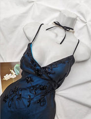 Navy Blue Mermaid Spaghetti Strap Tulle Beading Long Prom Dress V-Neck Graduation Prom Adult Ceremony Dress ED01616